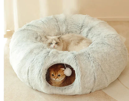 Multifunctional Plush Cat Bed with Tunnel and Peephole